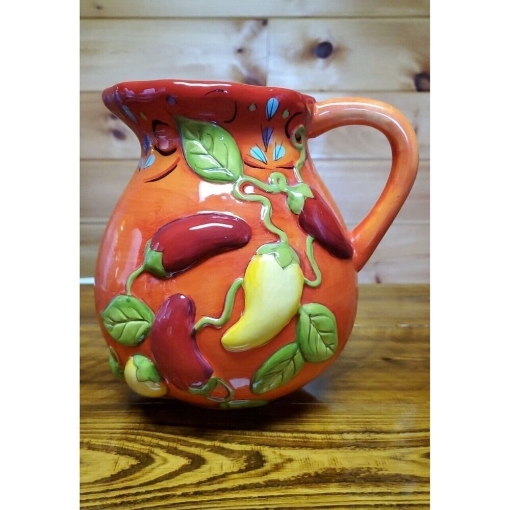 Pier 1 One Imports Pasilla Earthenware Peppers Orange Pitcher Jug 7.5"